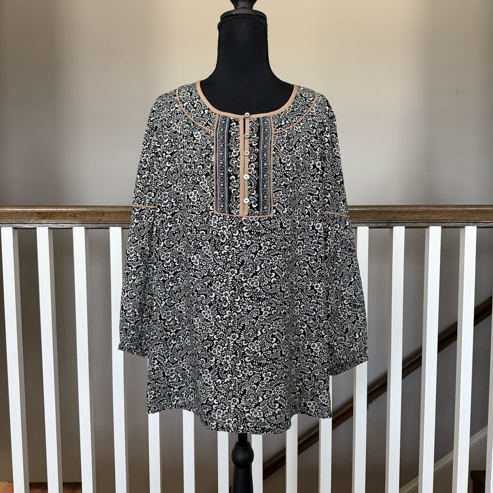 J Jill Floral Top Large‎ Whimsigoth Boho Henley Blouse Cottagecore Office Career